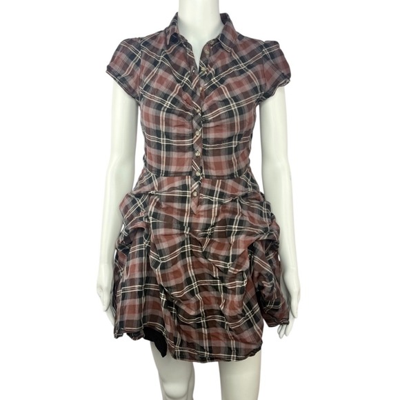 BDG Max Plaid Mini Dress Ruffled Skirt Button Front Short Sleeve Burgundy Size S - Picture 2 of 9